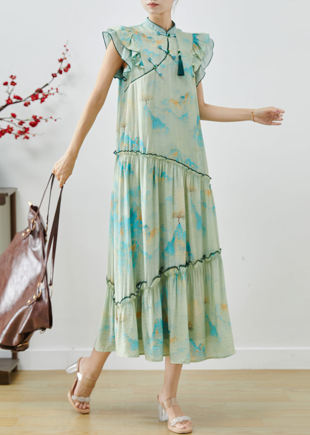 Robe exotique en soie imprimé feuilles vertes larges manches - EasyApparels
