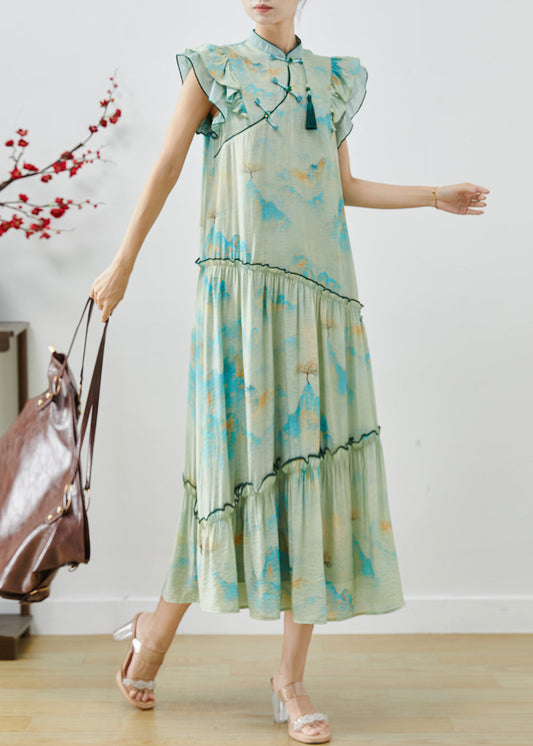 Robe exotique en soie imprimé feuilles vertes larges manches - EasyApparels