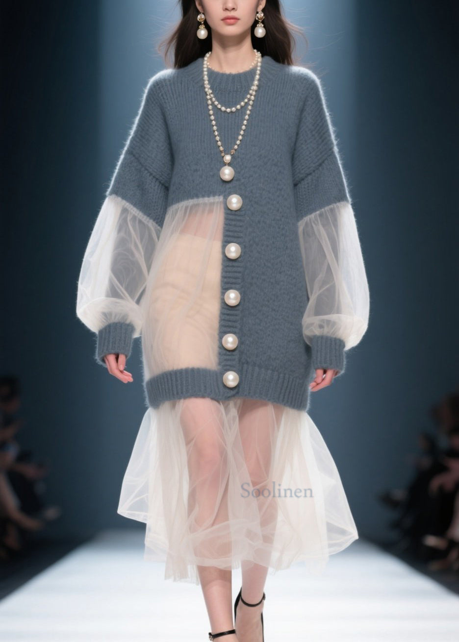 Douce Robe Patchwork Grise à Manches Longues pour Automne - EasyApparels