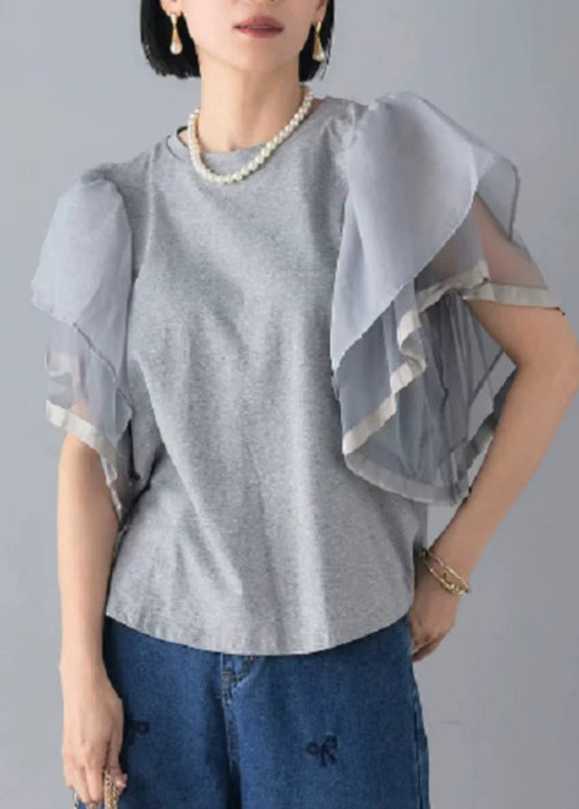 Grey Patchwork Cape Sleeve Tulle Top - EasyApparels