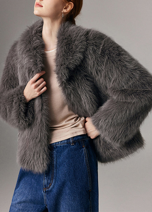 Manteaux d'hiver doux en fausse fourrure, col rond, gris foncé - EasyApparels