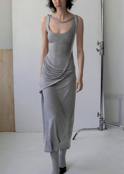 Décontracté Robe en coton gris sans manches - EasyApparels