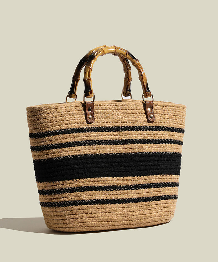 Grand sac en paille tressée rayée kaki pour femme - EasyApparels