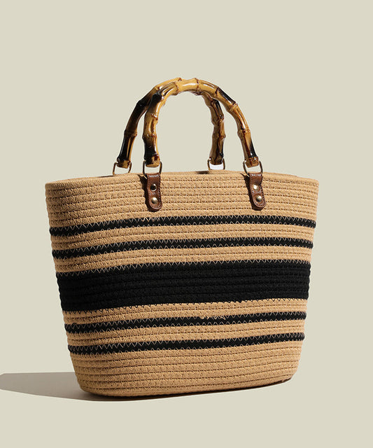 Grand sac en paille tressée rayée kaki pour femme - EasyApparels