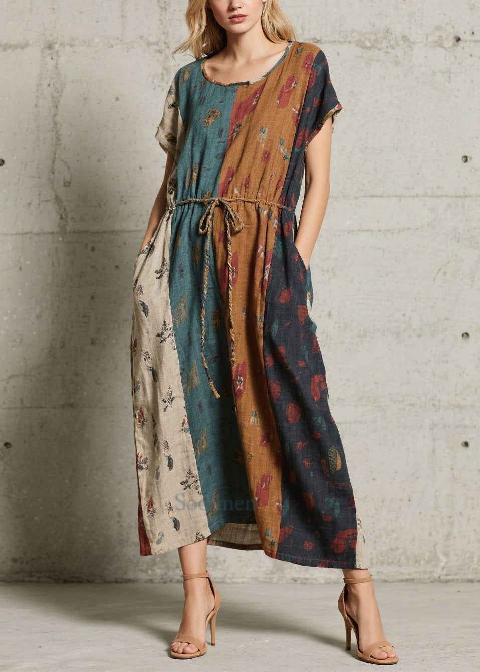 Robe d'été légère en coton à fleurs et ceinture ajustable - EasyApparels