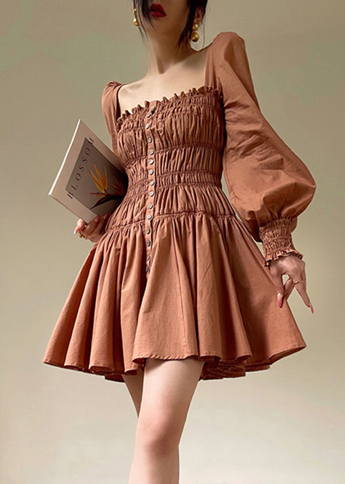 Robe mi-longue en coton orange vif avec volants et lacets pour femme - EasyApparels