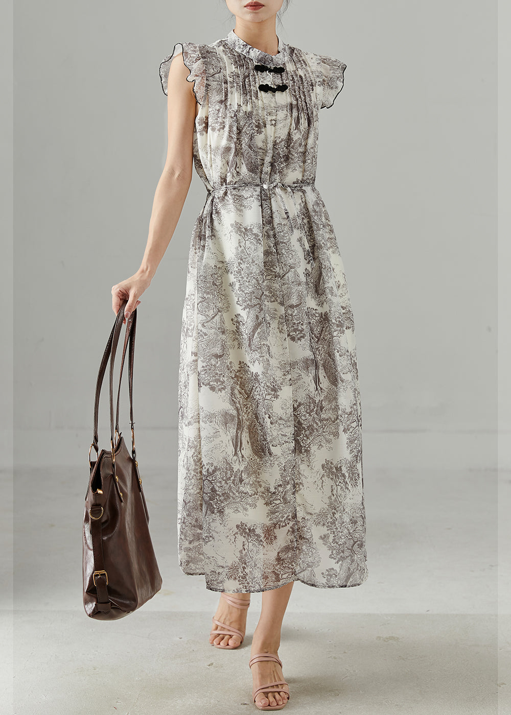 Silky Butterfly Sleeve Chinese Button Dress - EasyApparels