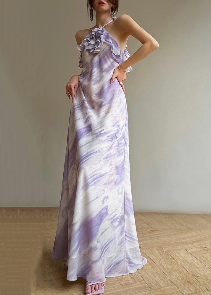 Robe en soie légère imprimée violet sans manches - EasyApparels