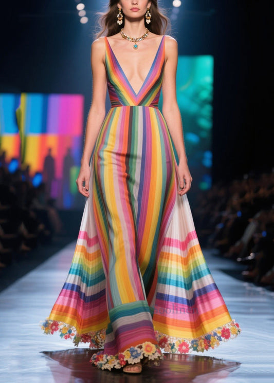 Soie Été Robe de Soirée Colorée à Col en V - EasyApparels