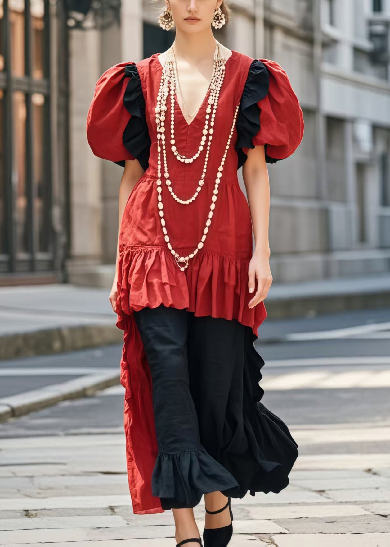 Robe courte en velour patchwork rouge à manches larges - EasyApparels