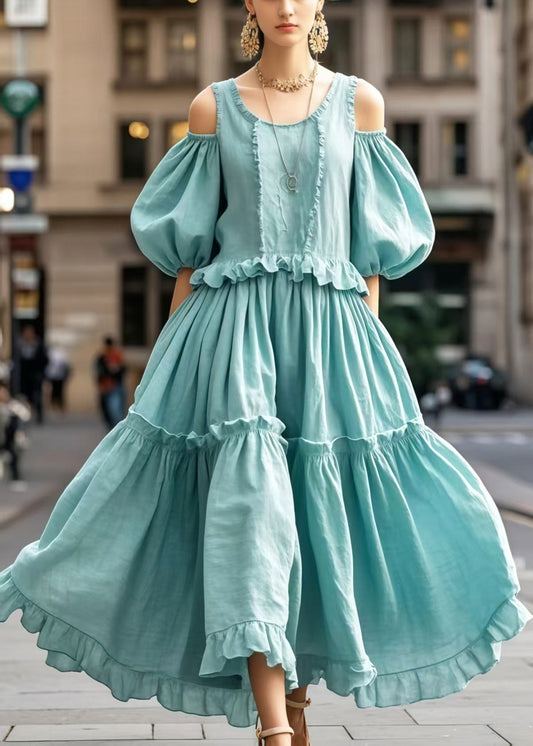 Robe décontractée en coton bleu ciel avec manches bouffantes - EasyApparels