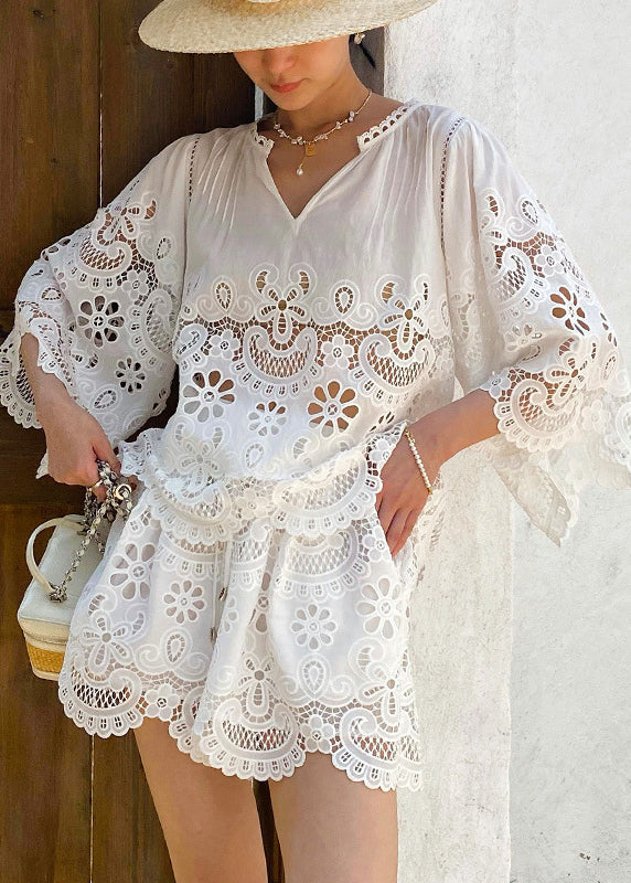 Joli ensemble blanc en dentelle à manches courtes - EasyApparels