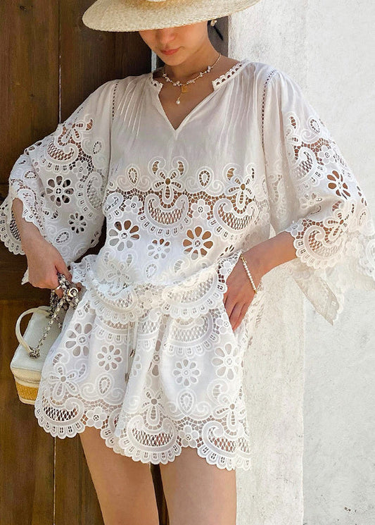 Joli ensemble blanc en dentelle à manches courtes - EasyApparels