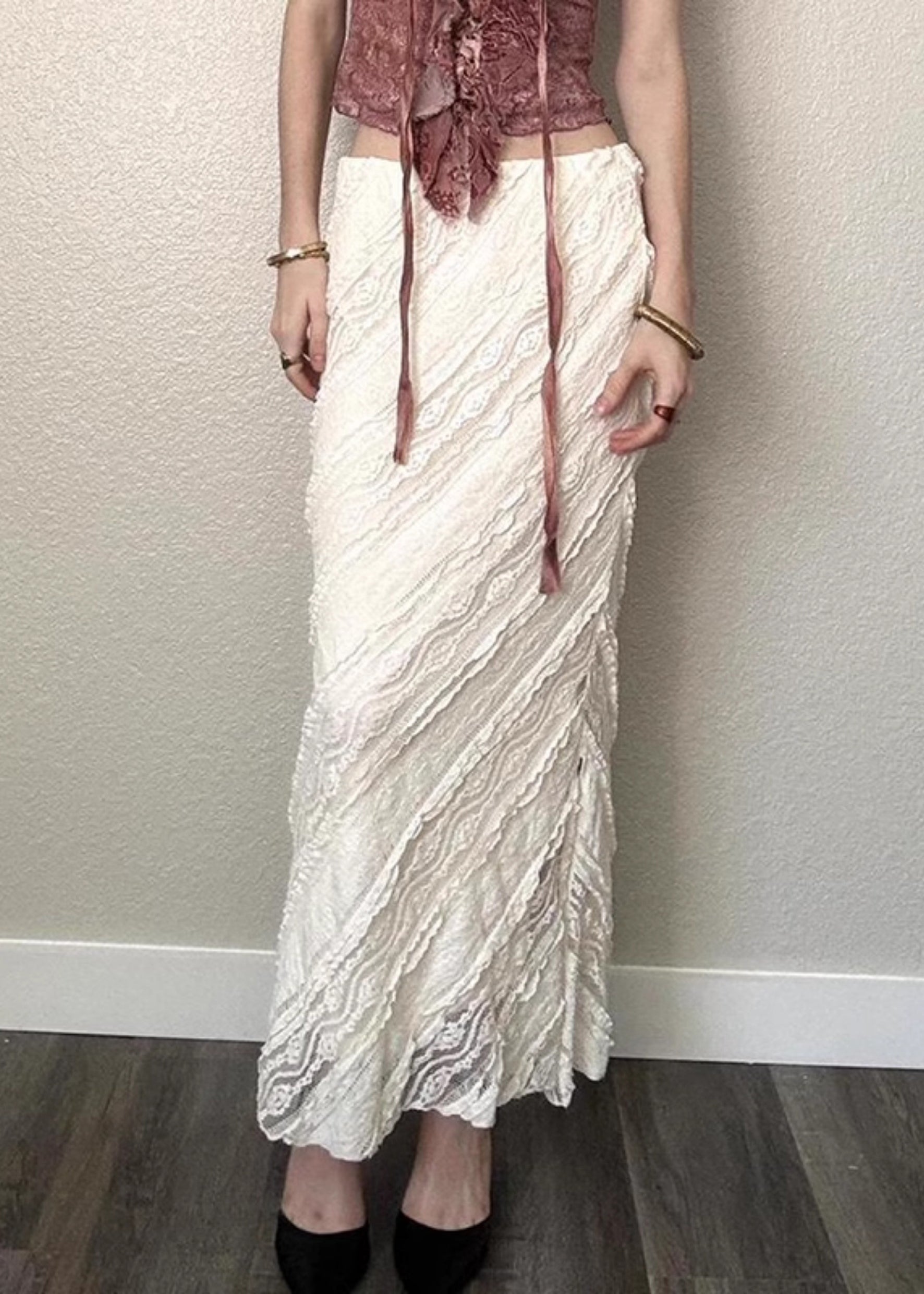 White Summer Lace High Waist Side Split Maxi Skirt - EasyApparels