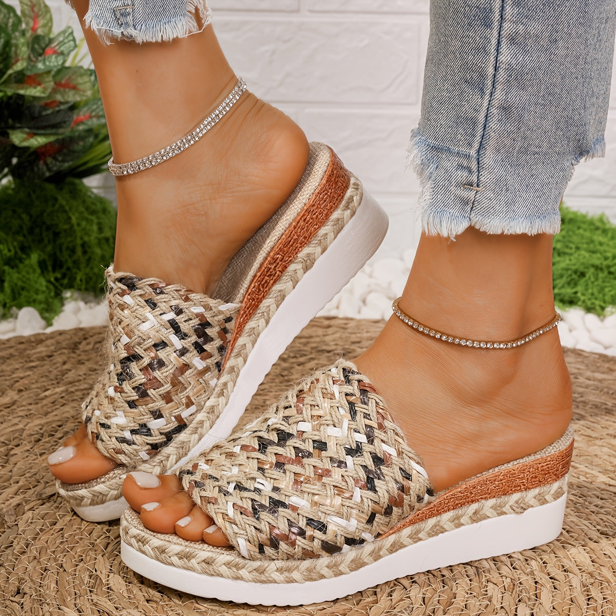Sandales Femme Été Confortables en Paille Tressée Haut Talon