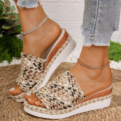 Sandales Femme Été Confortables en Paille Tressée Haut Talon