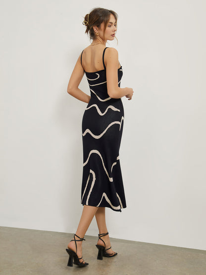 Robe Midy Élégante à Imprimé Abstrait et Bretelles Fines