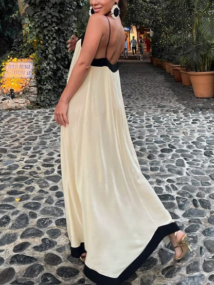 Robe Maxi Col V Décontractée avec Détails Contrastes