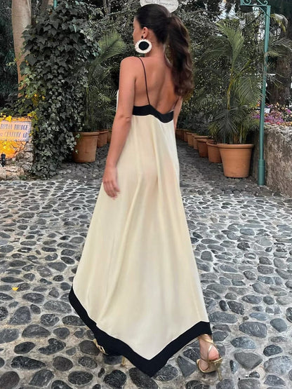 Robe Maxi Col V Décontractée avec Détails Contrastes