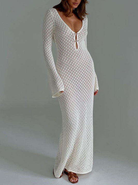 Robe Maxi Décolleté en V Brodée Manches Cloche Bohème Été - BerlinGlamour