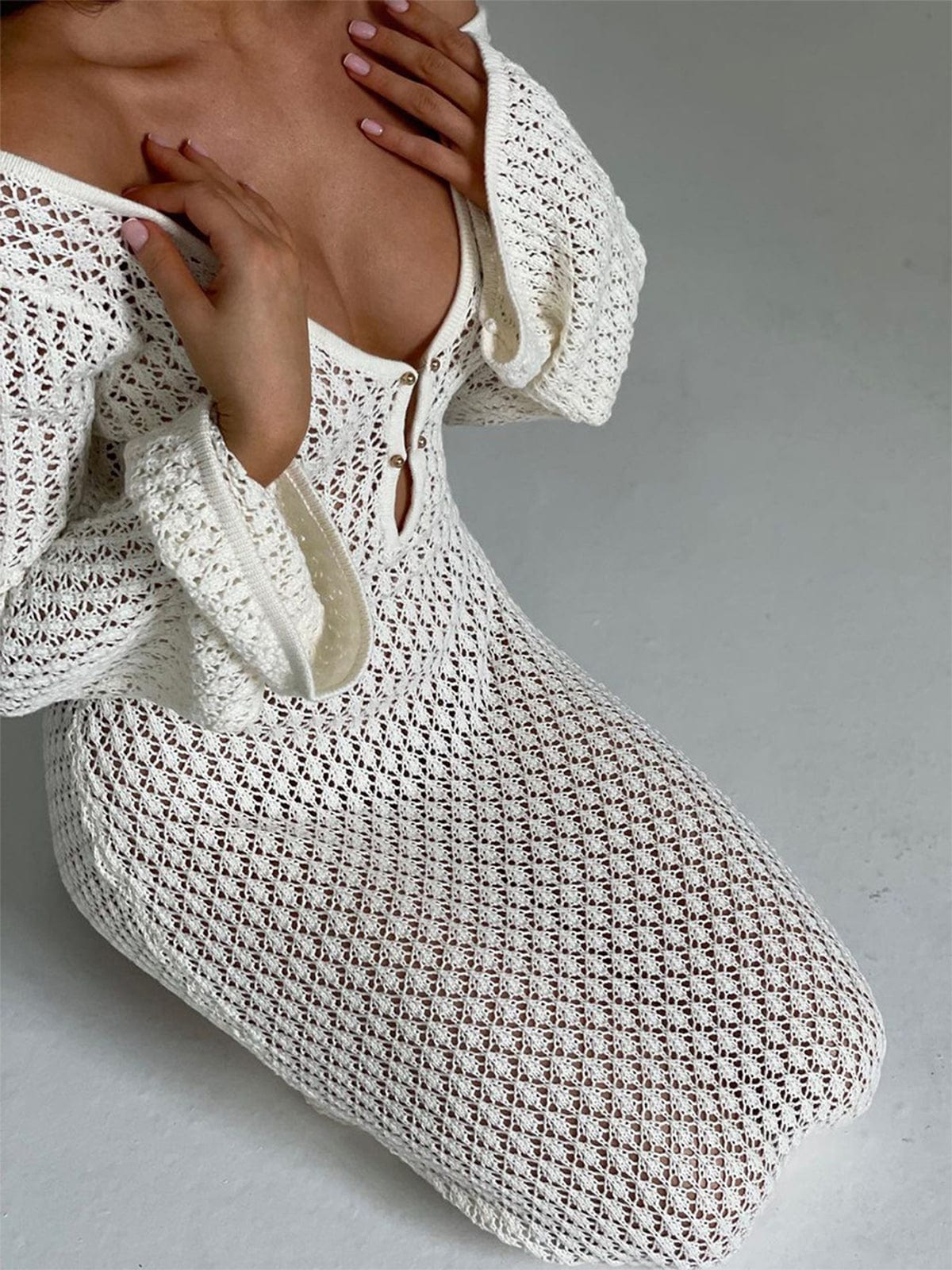 Robe Maxi Décolleté en V Brodée Manches Cloche Bohème Été