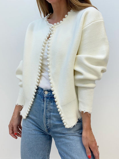 Cardigan femme élégant avec fermeture avant et détails perlés - PanierRoyale