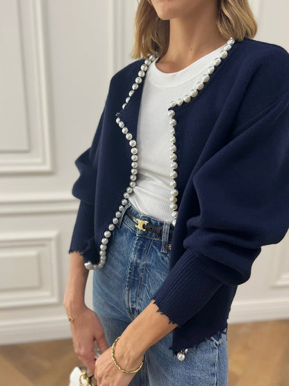 Cardigan tendance pour femme avec ouverture frontale | Détails perlés