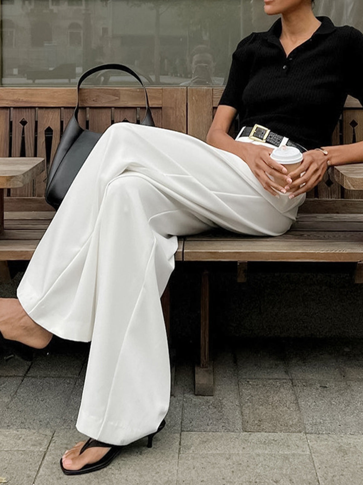 Pantalon Femme Évasé Plissé avec Ceinture