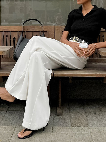 Pantalon Femme Évasé Plissé avec Ceinture
