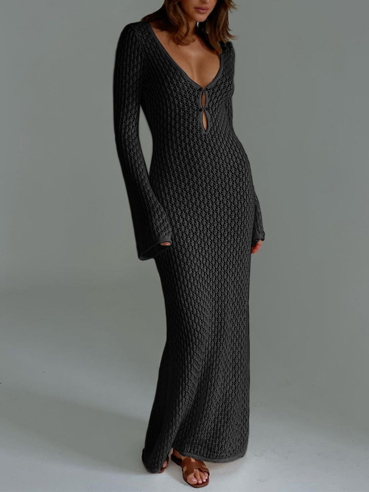 Robe de Plage Élégante en Ligne avec Manches Longues et Dos Nu