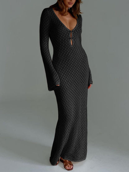 Robe Maxi Décolleté en V Brodée Manches Cloche Bohème Été