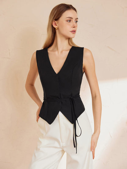 Isabella | Top Noir Sans Manches avec Ceinture à la Taille