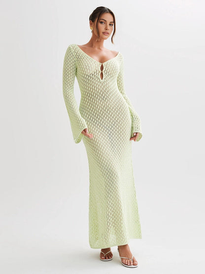 Robe Maxi Décolleté en V Brodée Manches Cloche Bohème Été