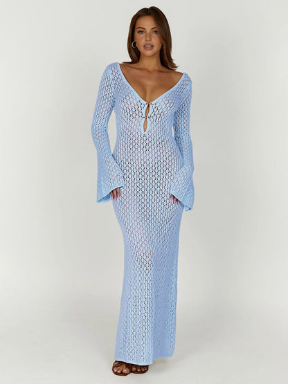 Robe de Plage Élégante en Ligne avec Manches Longues et Dos Nu