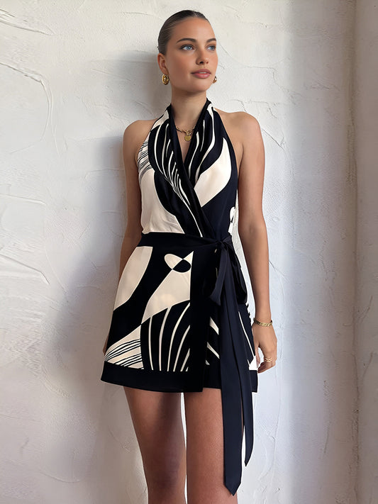 Maëlis™ – Robe Femme Courte Élégante Imprimé Graphique Noir et Blanc-1