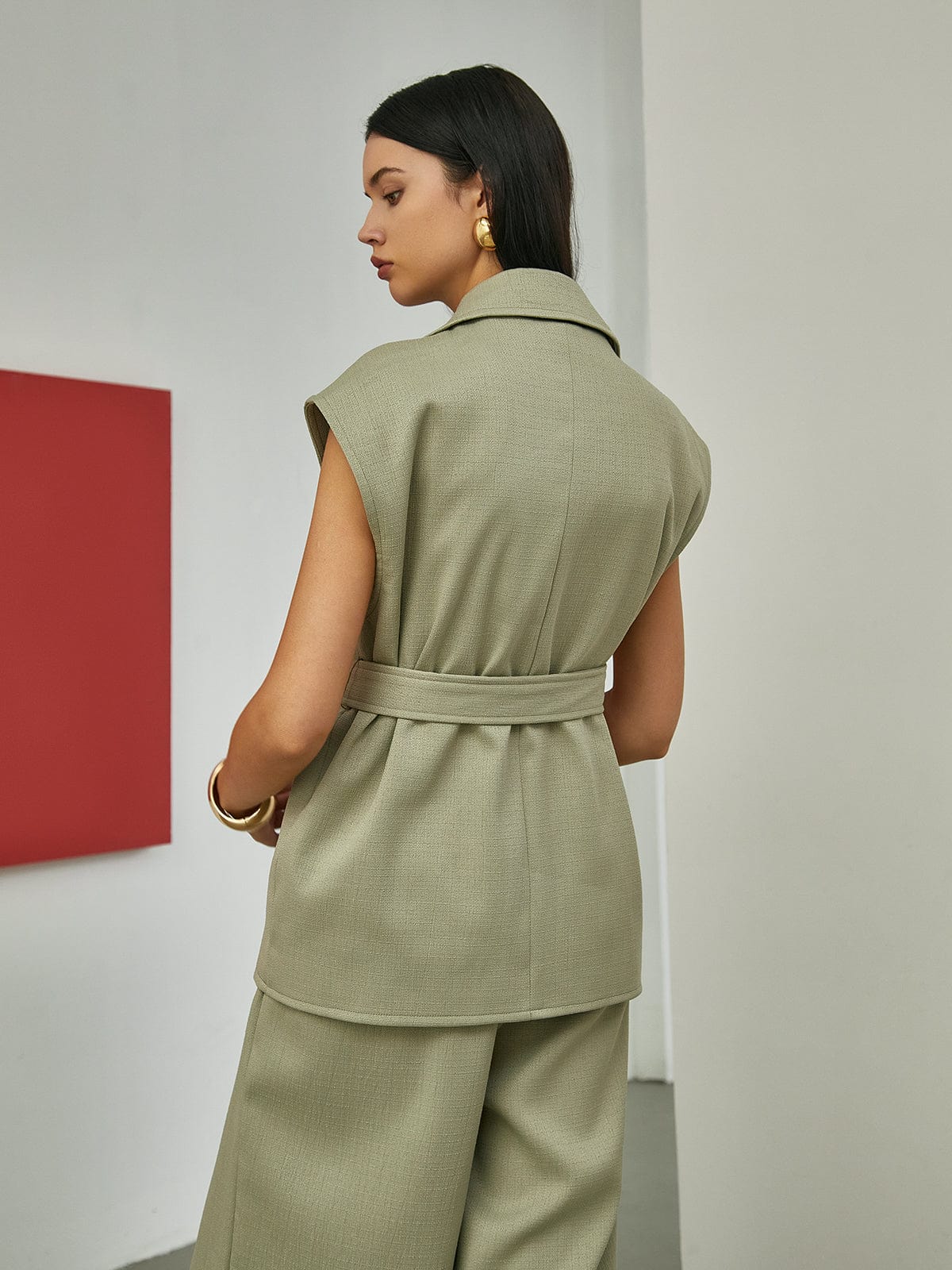 Gilet Femme Sans Manches Ceinturé Olive