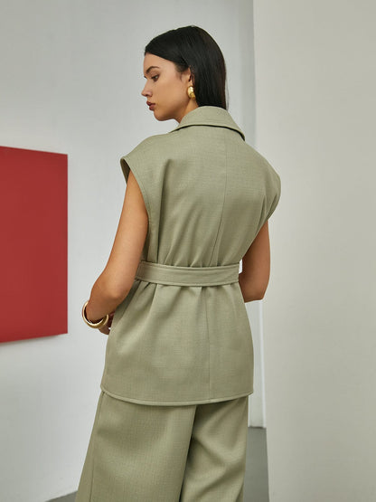 Gilet Femme Sans Manches Ceinturé Olive