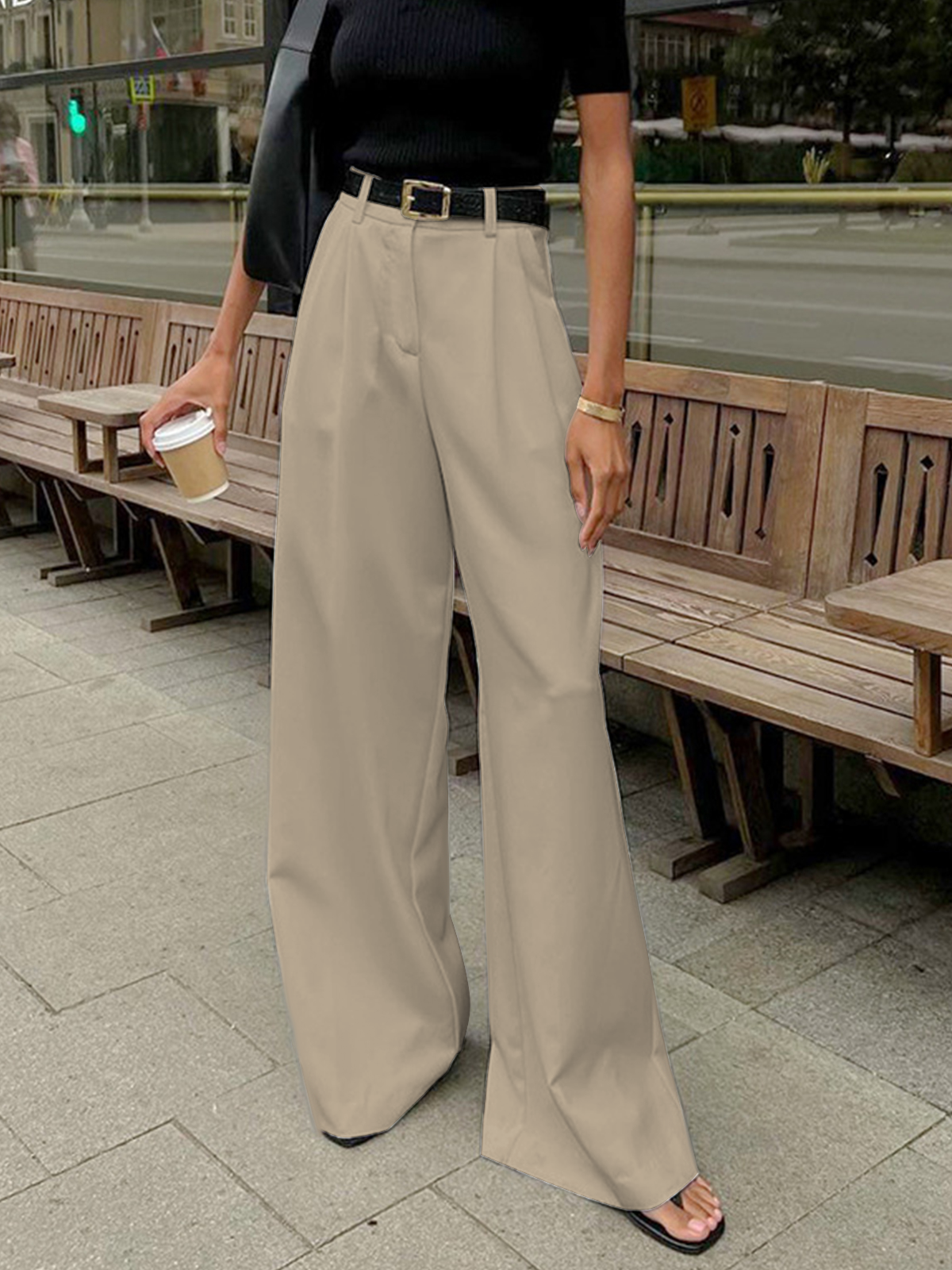 Pantalon Femme Évasé Plissé avec Ceinture