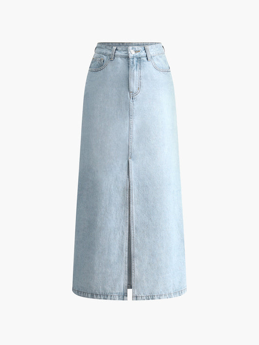 Jupe denim femme mi-longue avec fermeture avant - BerlinGlamour