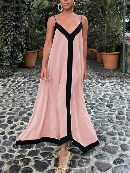 Robe Maxi Col V Décontractée avec Détails Contrastes