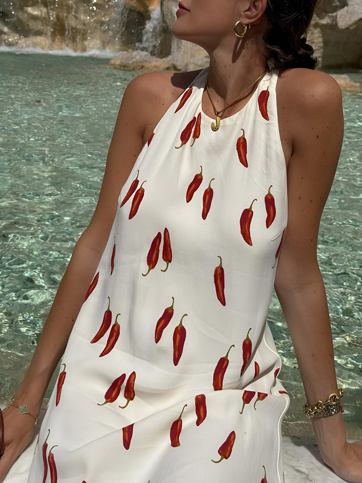 Robe Mini Femme Imprimée Sans Manches Col Halter Coupe Fluide