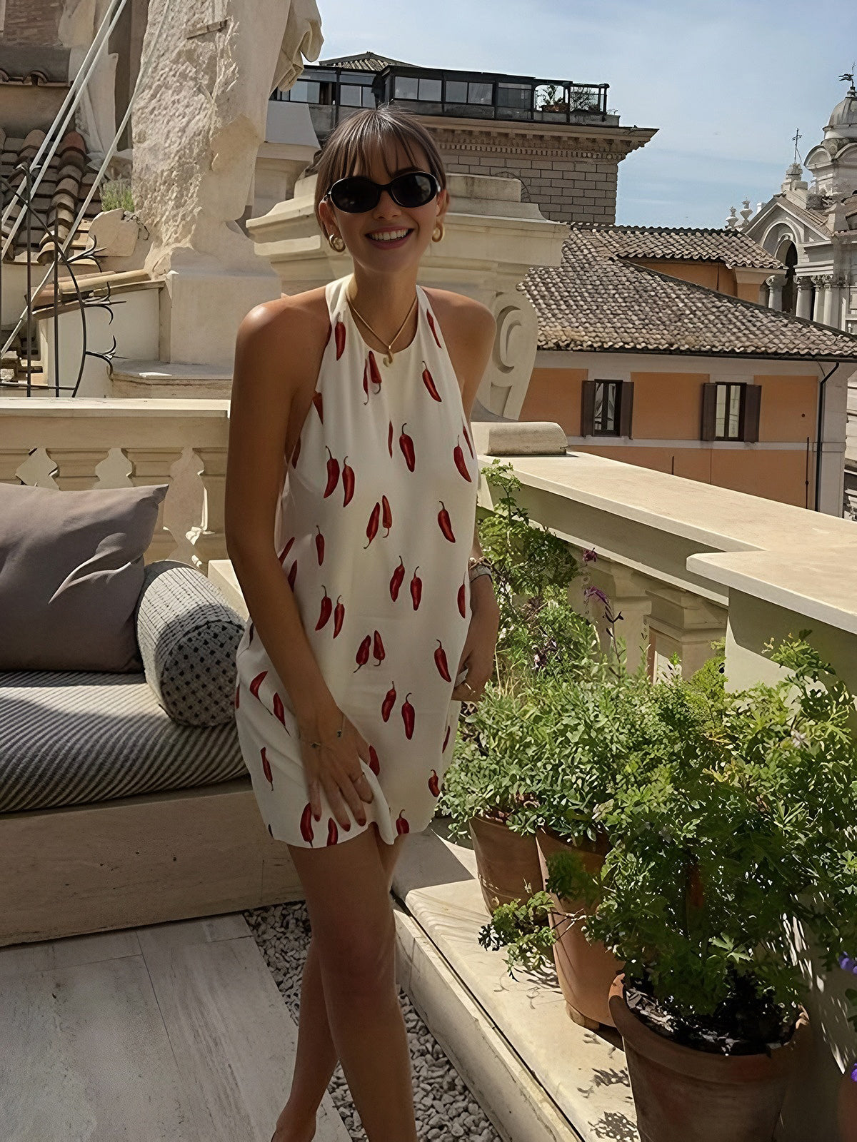 Robe Mini Femme Imprimée Sans Manches Col Halter Coupe Fluide - PanierRoyale