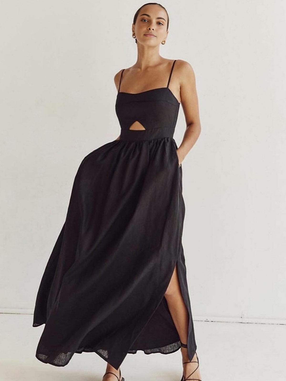 Robe Maxi Lin sans Manches avec Découpe et Bretelles Fines