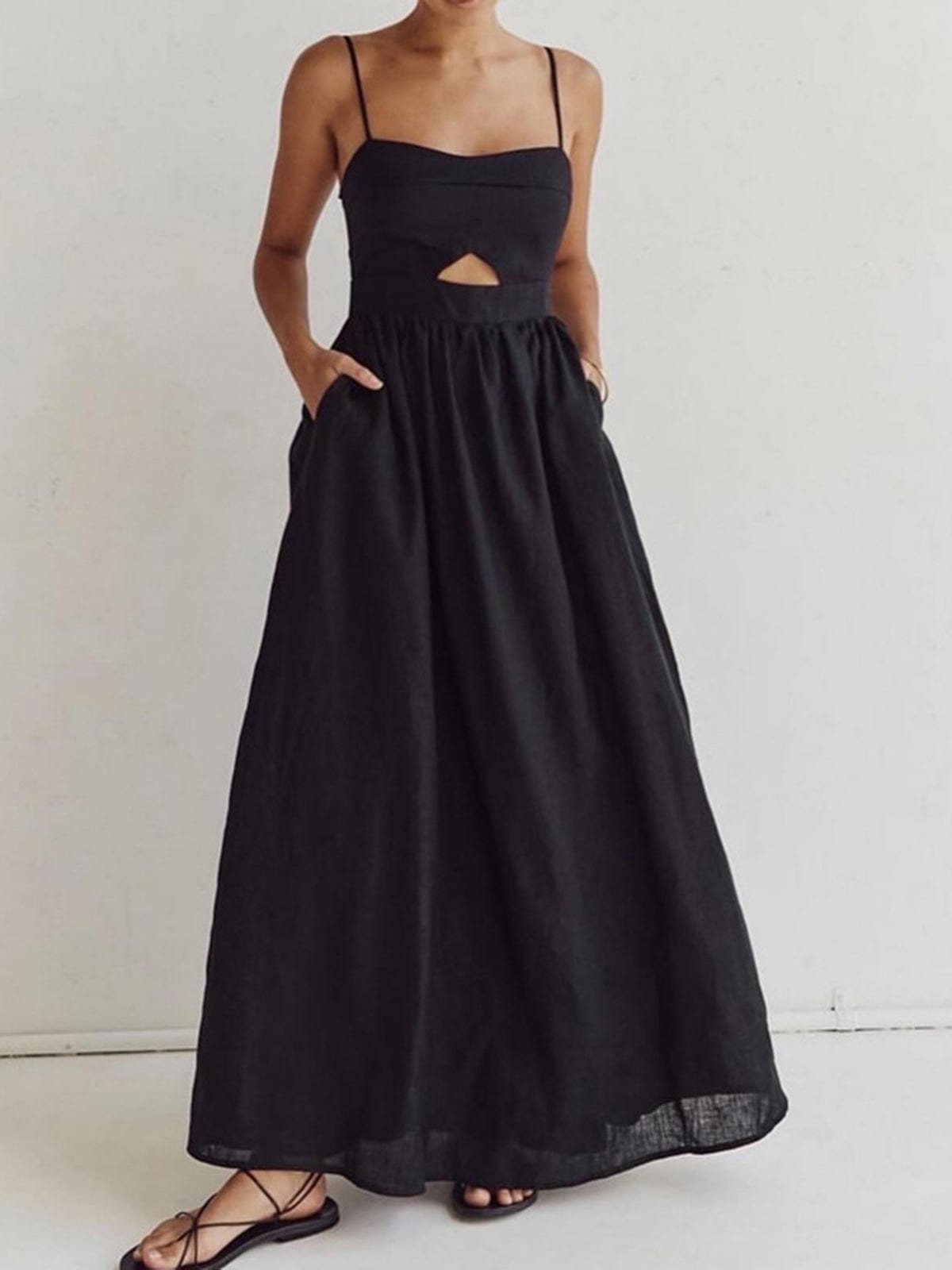 Robe Maxi Lin sans Manches avec Découpe et Bretelles Fines - BerlinGlamour
