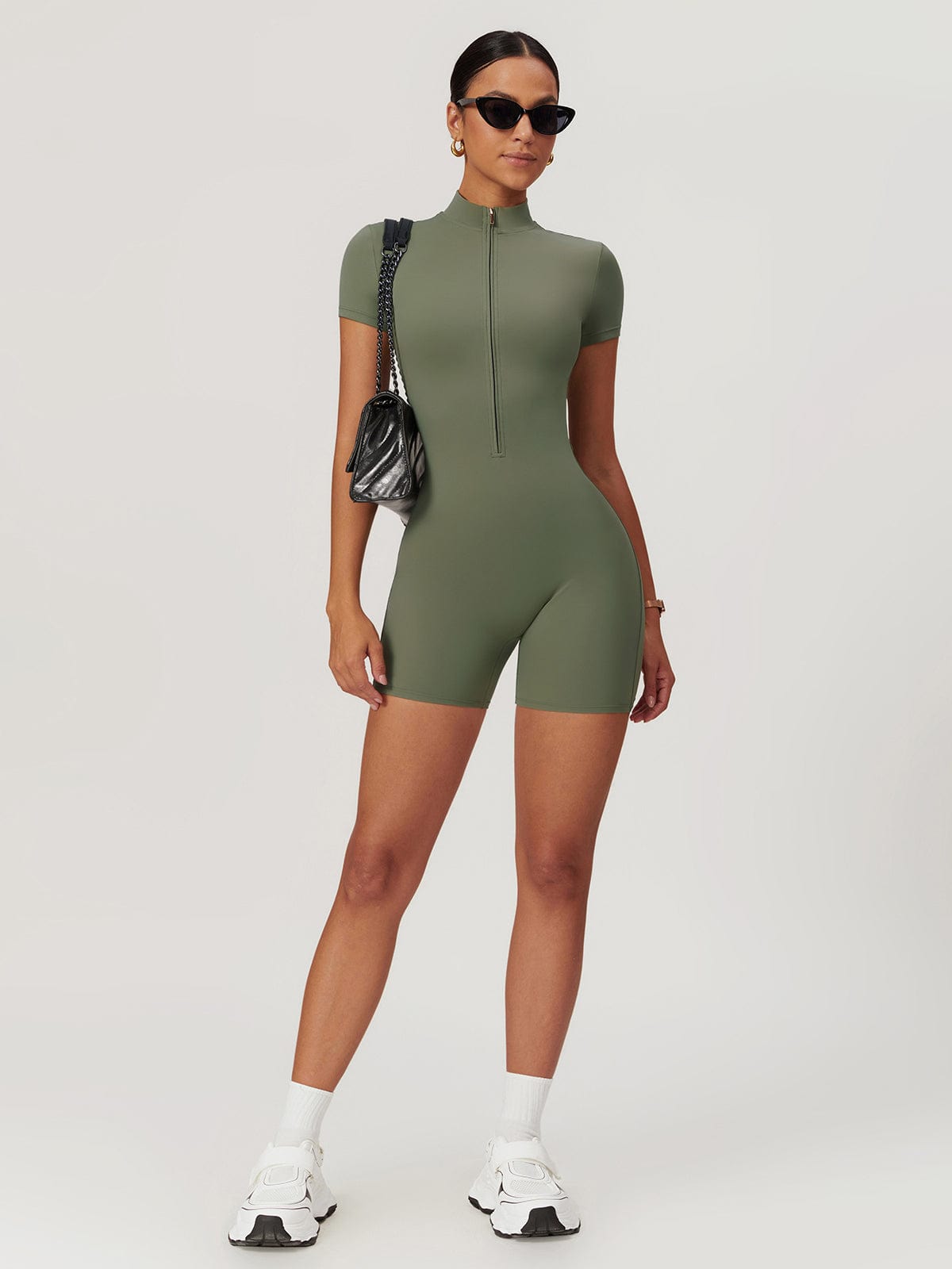 Body Femme Court Manches Zip Décontracté