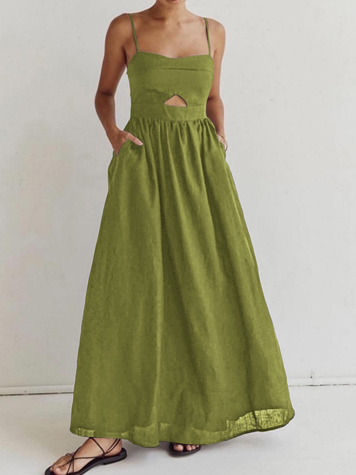 Robe Maxi Lin sans Manches avec Découpe et Bretelles Fines