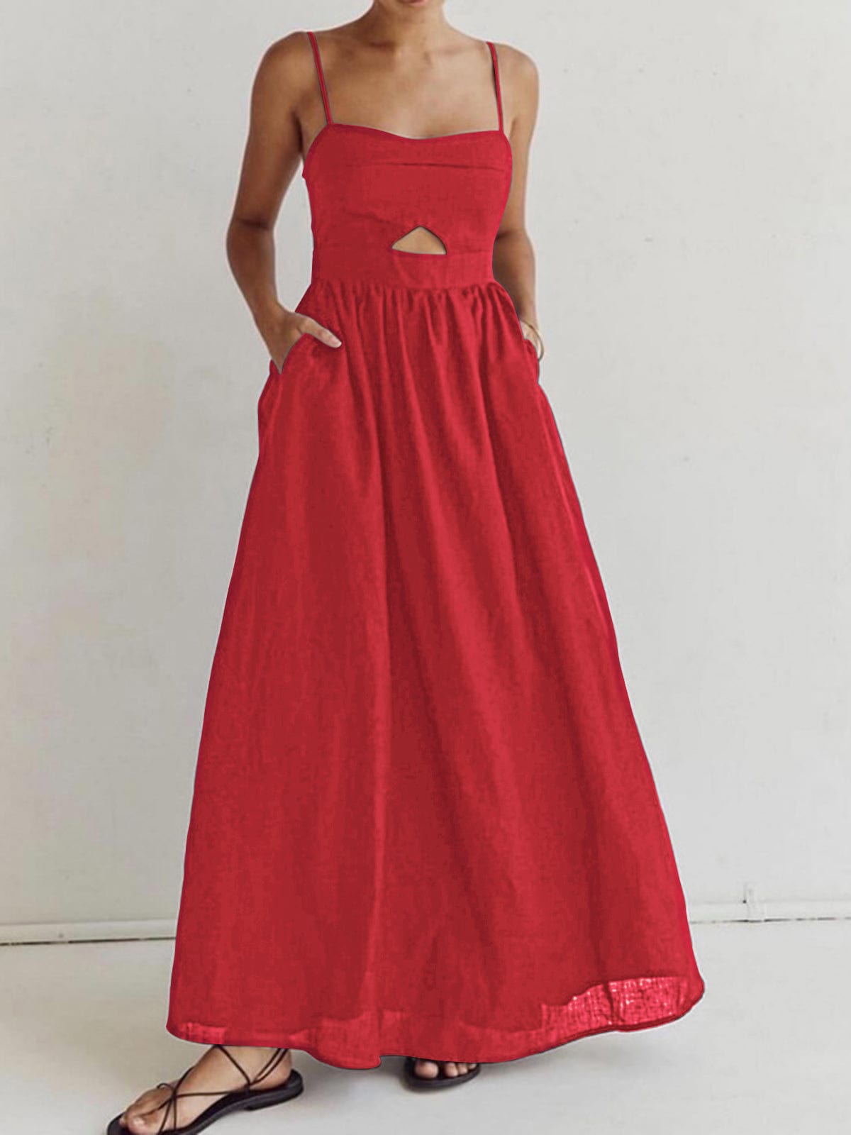 Robe Maxi Lin sans Manches avec Découpe et Bretelles Fines