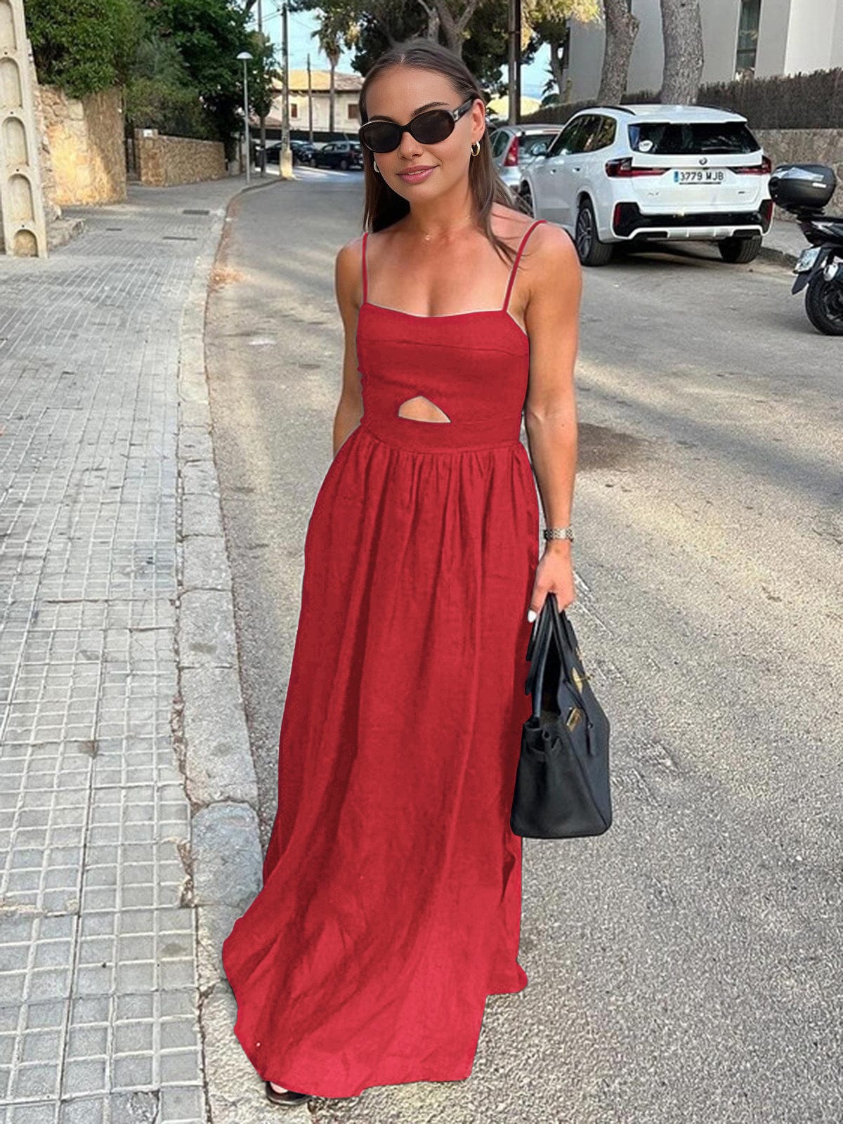 Robe Maxi Lin sans Manches avec Découpe et Bretelles Fines