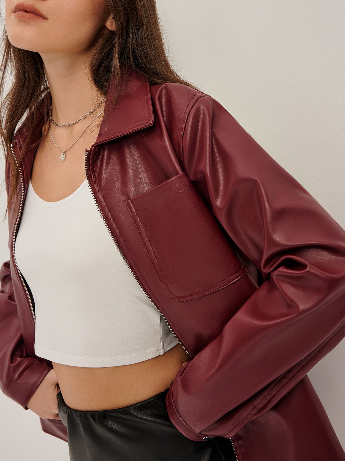 Blouson Cuir Similicuir Rouge Bordeaux