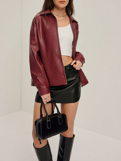 Blouson Cuir Similicuir Rouge Bordeaux